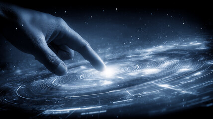 A human hand touching the center of a digital galaxy, representing exploration, data universes and the expanding reach of human interaction with complex systems.
