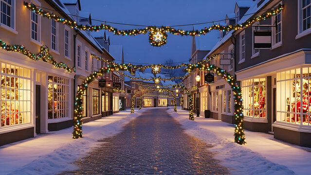 Snowy Christmas street with festive lights and garlands. Quaint town decorated for winter holidays at dusk, glowing shop windows.