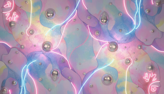 Dreamy background with pastel abstract shapes iridescent texture neon line reflections and metallic spheres evoking whimsical futuristic mood Background Concept