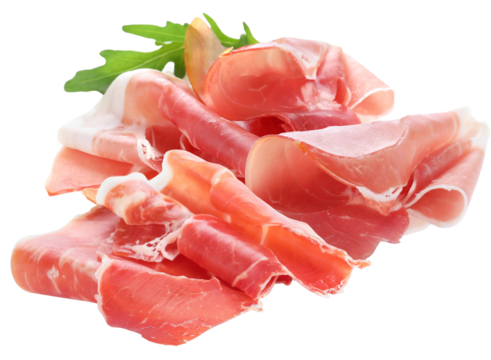 close-up photograph of delicate, thinly sliced italian prosciutto crudo or cured parma ham neatly folded and garnished with fresh green arugula leaves.