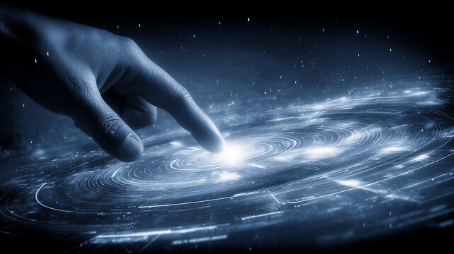 A human hand touching the center of a digital galaxy, representing exploration, data universes and the expanding reach of human interaction with complex systems.
