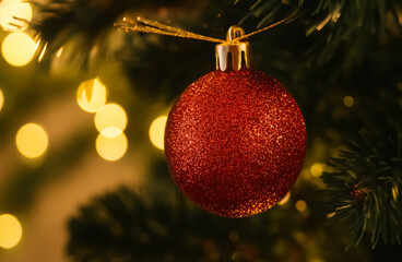 A sparkling red ornament dangles from a lush Christmas tree, glowing softly amid golden holiday lights.
