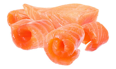 close-up photograph of fresh raw salmon slices beautifully rolled and arranged alongside a large, pristine fillet cut isolated on black.