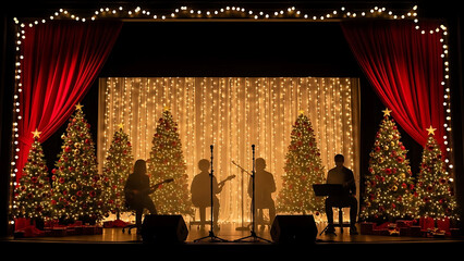 Festive Christmas Concert Stage with Silhouetted Band, Glowing Trees, and Warm String Lights Background