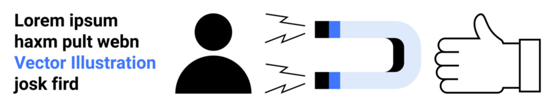 Marketing, customer retention, user engagement, digital strategies, customer loyalty, branding. A magnet pulls a user icon toward a thumbs-up symbol. Marketing and customer retention concept