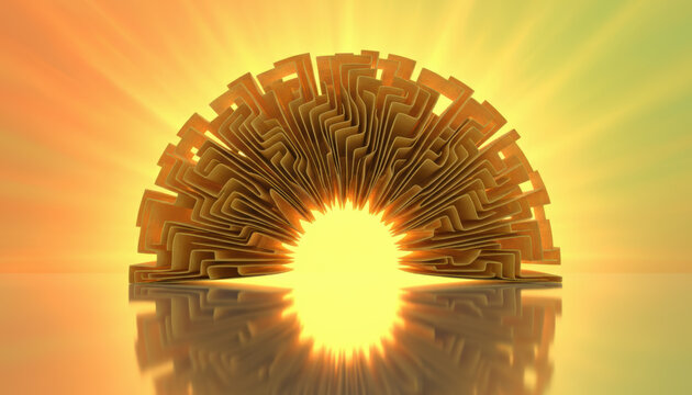 Golden abstract arch background glowing sunrise reflection creates warm geometric pattern and serene mood with layered metallic texture and smooth water mirror Background Concept