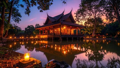 Naklejka premium A beautiful traditional Thai pavilion is reflected in a calm lake at dusk. The scene is illuminated by warm lights, creating a serene and peaceful atmosphere.