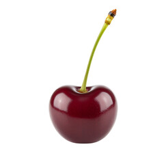 Single ripe cherry with stem isolated on black background studio shot