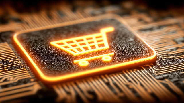 A digital commerce concept represented by a glowing shopping cart icon integrated into a circuit board surface, symbolizing online transactions and technological retail innovation.
