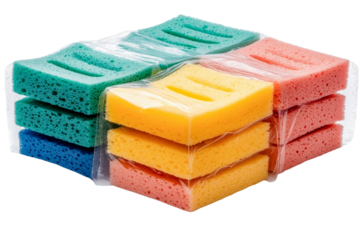 colorful cleaning sponges pack, wrapped in plastic.