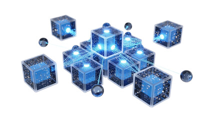 Blue Glass 3D Blockchain Network Visualization, isolated on white