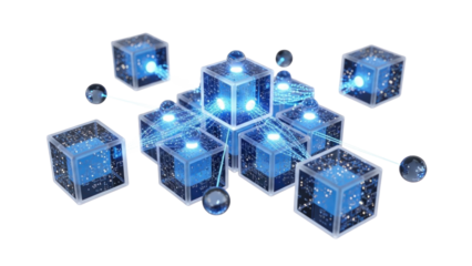 Blue Glass 3D Blockchain Network Visualization, isolated on white