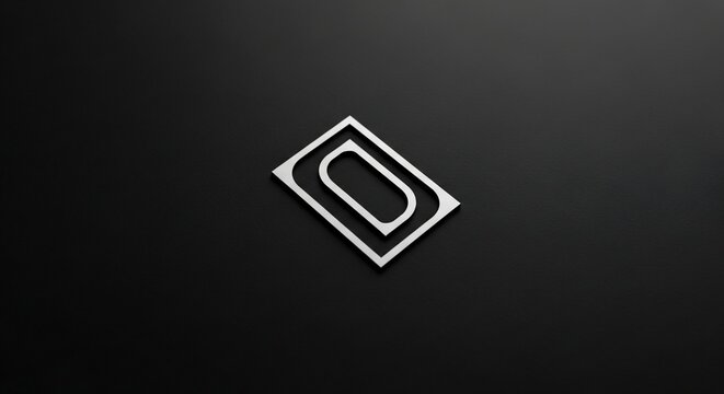 A minimalist white abstract geometric shape with nested rectangles on a dark background.