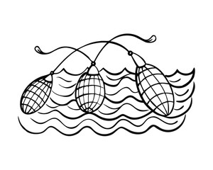 Fishing net with floats, curved by a wave. Graphic line art hand drawn on the theme of sea and fishing in black and white ink. Separate element isolated from the background EPS vector

