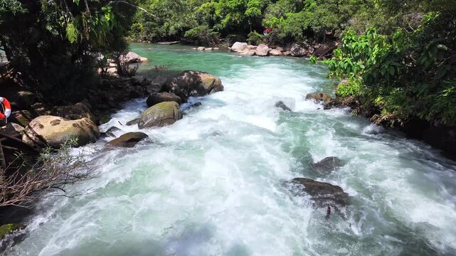 Superb view of summer: Slow motion of the fantastic Moot valley in Phong Nha National Park, Vietnam with the sound of a clear stream flowing through the peaceful tropical jungle