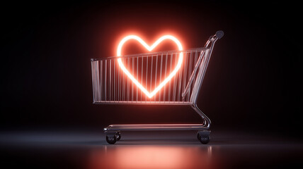 A glowing heart symbol inside a shopping cart representing emotional connection, customer loyalty and memorable brand experiences in modern commerce.
