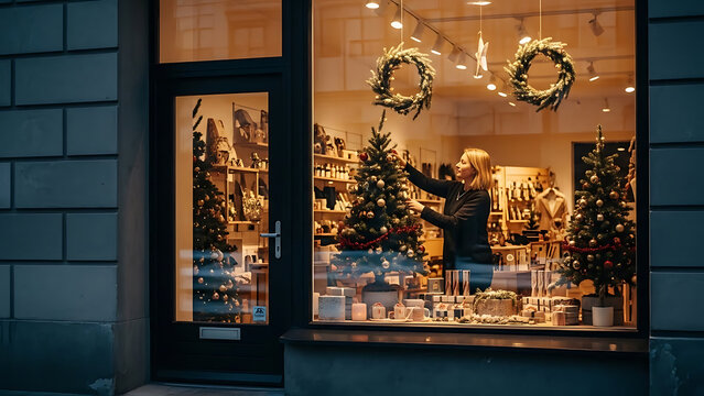 Woman decorating a Christmas tree in a brightly lit shop window, preparing for the festive holiday season and retail display.