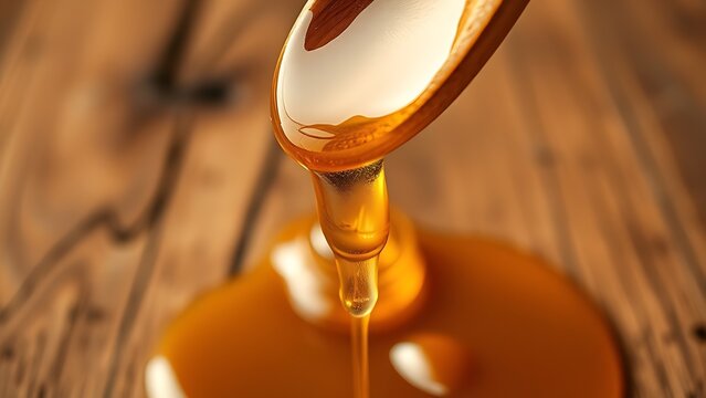 oligarchy. Golden honey dripping from a wooden spoon against a natural wood background. menu design, packaging mockups, designed for culinary blogs and recipe cards for restaurants.
