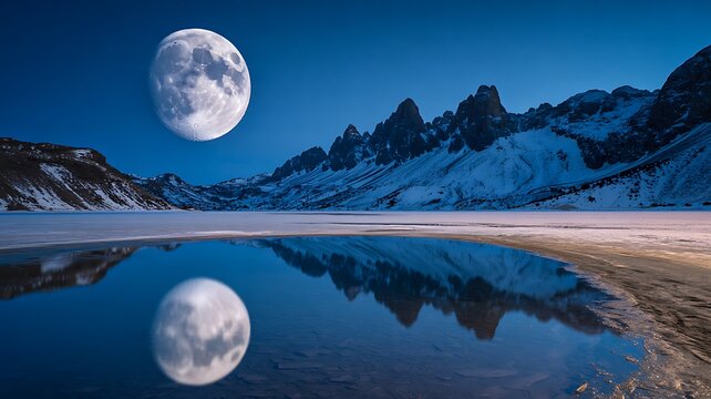 Full moon reflecting over snowy mountains and calm lake at night
