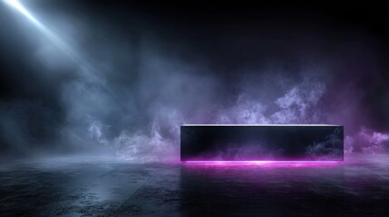 A dark, misty scene with a glowing rectangular object illuminated by light, creating a mysterious and atmospheric ambiance.