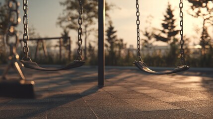A serene playground scene featuring empty swings, illuminated by warm sunset light, surrounded by greenery and a peaceful atmosphere.
