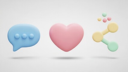 Stylized communication icons featuring speech bubble, heart, and share symbol arrangement