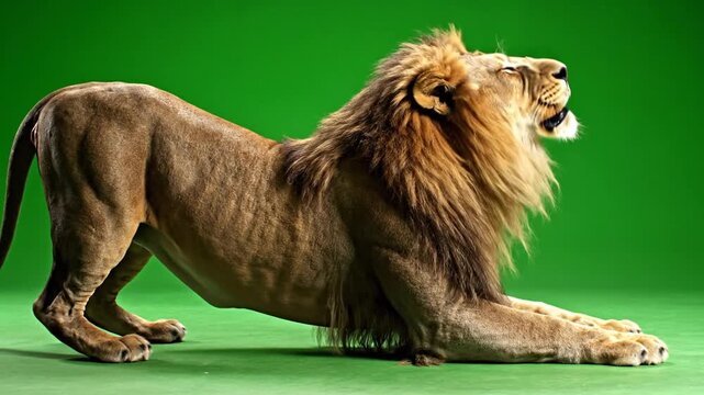 Majestic Male Lion on a Vibrant Green Screen Background in a Playful Stance Detailed Fur Texture and Powerful Build Captured in Studio Lighting