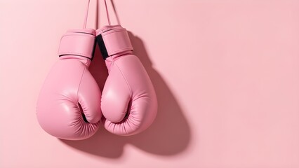 Pair of pink boxing gloves hanging against a matching background symbolizing strength femininity and empowerment