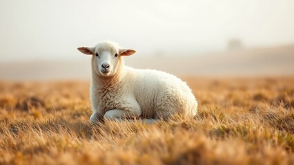 Obraz premium karakul. Fluffy lamb curled on dry grassland in the soft morning mist. wildlife magazines, conservation campaigns, designed for eco-tourism storytelling, used by recruiters, supports conservation.