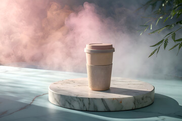Sustainable Reusable Coffee Cup on Marble Pedestal