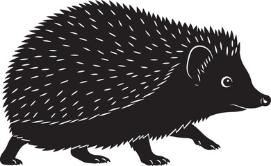 Stylized black hedgehog walking illustration. minimalist vector graphic with spiny quills, isolated profile view for nature, wildlife, animal design projects.