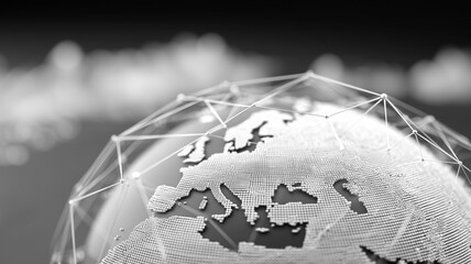 A global connectivity concept featuring a detailed digital map of Europe connected through symbolic network points to illustrate worldwide communication and technological integration.
