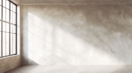 Fototapeta premium A bright, minimalistic interior space featuring textured walls and large windows allowing natural light to illuminate the room.