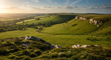 Rolling hills, cliffs, and valleys under a golden sunset in a peaceful, natural landscape