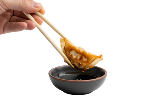 Chinese person with chopstick eating chinese dim sum dumpling with soil sauce on transparent background 