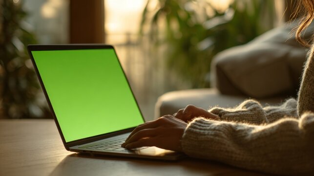 A cozy workspace featuring a person typing on a laptop with a green screen, surrounded by natural light and indoor plants.