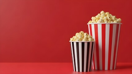 Two popcorn buckets against a red background one large and one small creating a striking visual composition