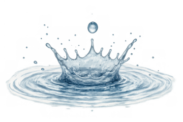Water drop creating splash with crown effect and ripples on surface, symbolizing freshness, purity, and motion on transparent background