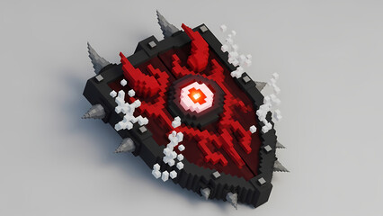 Pixelated Fantasy Shield Red Eye Design for Gaming Protection and Digital Art