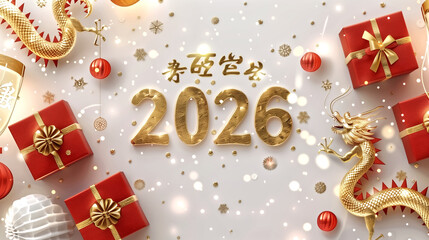 2026 golden calligraphy style numbers, red imperial gift boxes,