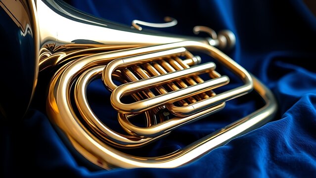 euphonium. Polished brass euphonium on blue velvet with keys reflecting soft studio light. event key visuals, club posters, designed for fitness apps and gym onboarding, used by fitness trainers.