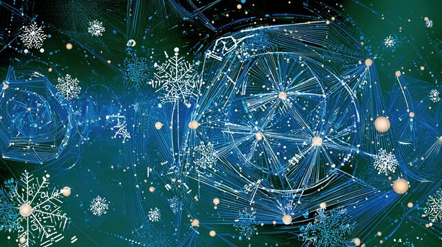 Abstract geometric Christmas 2026 background with glowing polygon lines and subtle snowflakes in deep blue, silver, and cyan tones.