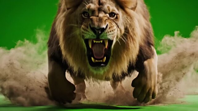Majestic Male Lion Roaring Aggressively with Open Mouth and Bared Teeth on a Green Screen Background amidst Dust and Smoke VFX Elements