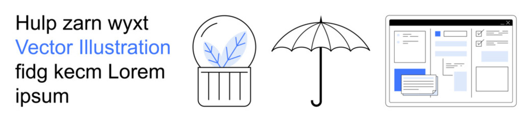 Growth concepts, protection symbols, web design, creativity , digital communications, user interface ideas. Abstract plant in a dome, an umbrella and a web layout. Growth and protection concepts © robu_s