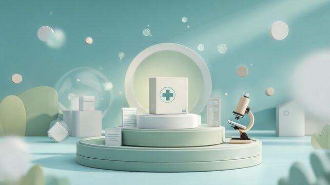 A minimalist illustration featuring a microscope and medical supplies on a podium, surrounded by soft, colorful shapes and bubbles, conveying a sense of care and scientific exploration.