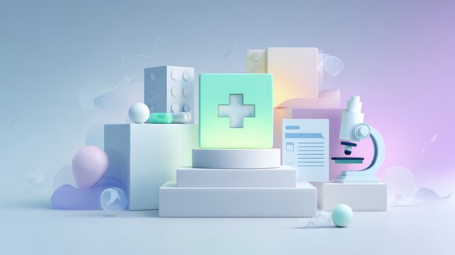 A modern, minimalist arrangement featuring medical symbols, laboratory equipment, and colorful geometric shapes, representing healthcare and scientific exploration.