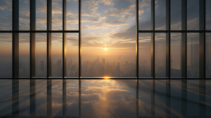 Fototapeta premium Sunrise city skyline through floor-to-ceiling windows in modern high-rise office