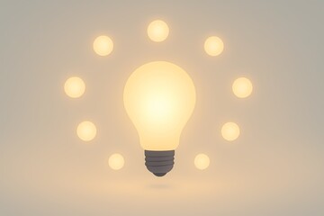 Glowing light bulb surrounded by soft circular lights symbolizing creativity, inspiration, ideas, innovation, and brainstorming in a warm minimal conceptual style.