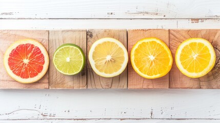 Colorful Citrus Fruit Halves on Wooden Board in Bright Natural Light