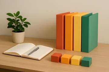 A neatly arranged workspace with colorful books, cubes, an open notebook, and a plant symbolizing organization, learning, creativity, workflow, and balanced productivity in a warm minimal setting.
